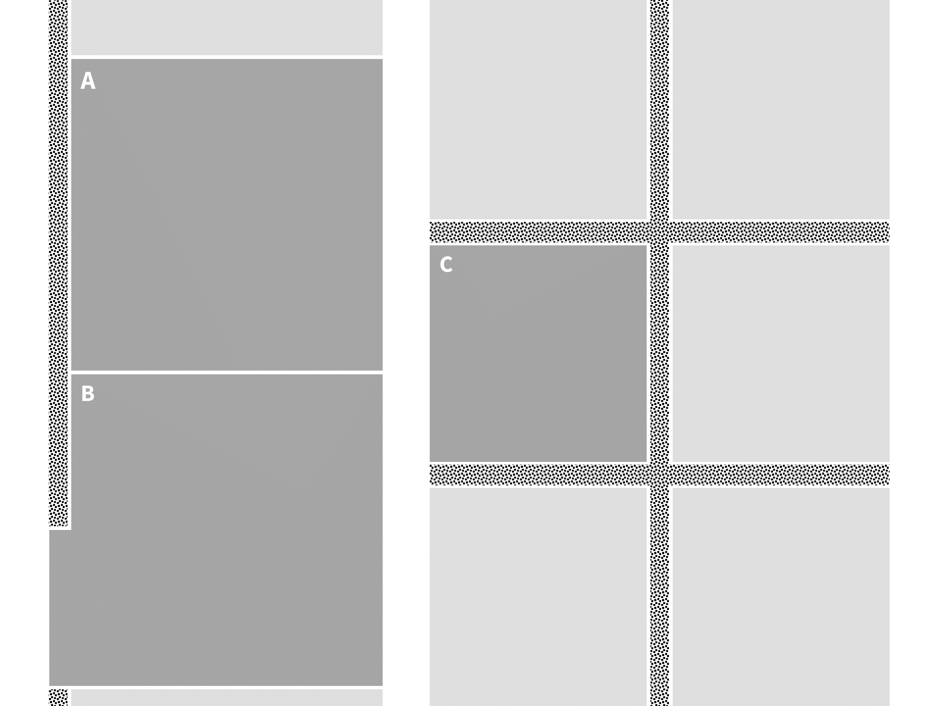 Figure 3. The semi-natural cover patch (speckled) along the left edge of field A (shaded) is larger than the patch along field B, resulting in a slightly larger Size Ratio for field A than field B. Field C by contrast is smaller and is adjacent to more semi-natural patches, giving field C a larger Size Ratio than either field A or field B. Field C also has semi-natural cover on three sides compared to just one side like fields A and B, resulting in more Configuration points for field C.